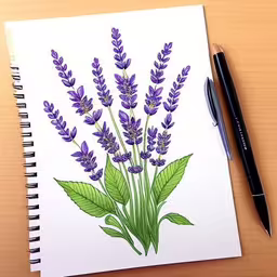 a sketch is shown with purple flowers and green leaves,a drawing of lavender flowers on paper with a pen,a pen sitting next to a drawing of purple flowers,a sketch of purple flowers with green leaves,the drawing of flowers is being displayed next to a pen