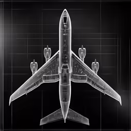 the perspective view of an airplane on black background