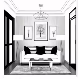 black and white interior with living room furniture