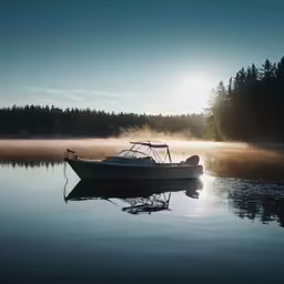 a boat sailing on a lake next to a forest