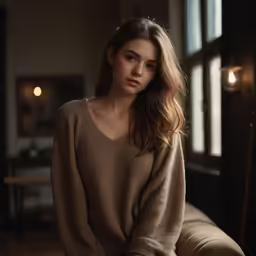 a woman is sitting on a chair by a window