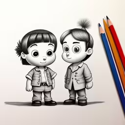 drawing of two people standing next to each other,two cartoon people standing next to each other with pencils next to them