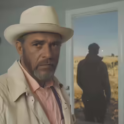 a man in a straw hat stands by a photo