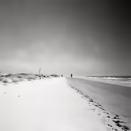 black and white photo of person walking down the beach