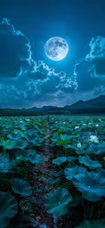 a full moon is over some water lilies,a full moon rises over the water and lily pads