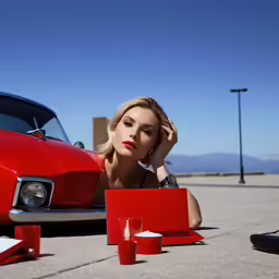 a woman leaning on a car posing for a photograph