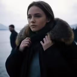 a woman standing outside on the beach in winter