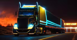a large truck driving past a sign at night,the semi truck is driving down the road