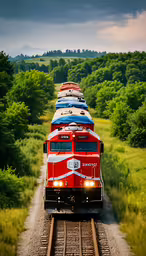 the red train is carrying many cars down the tracks,a passenger train with multiple color tops travelling down the tracks