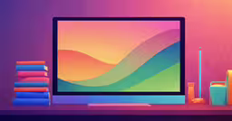 a computer monitor with pastel background and books,there is a monitor and some candles on a table