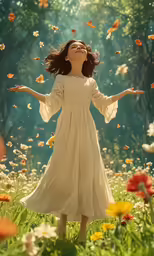 a young woman is standing in a field with her hands outstretched