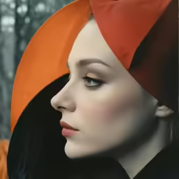 the woman is dressed in an orange hat