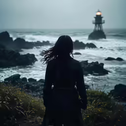 a person wearing a dress looks out over a water way at a lighthouse