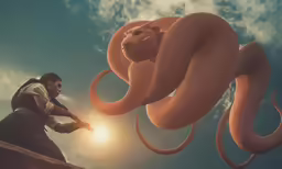 a man and a woman standing by an octopus
