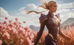 a beautiful blonde girl standing in a field