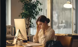 a woman sitting at a desk using a computer