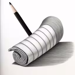 a pencil drawing of an edgeless roll of fabric with a pencil sharpener sitting next to it,a drawing of a pencil with a rolled up blanket