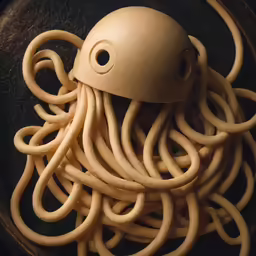 an octopus head is sitting above many tangled noodles