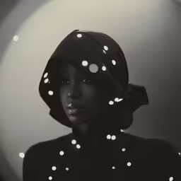 woman with black and white dots covering her hair and nose