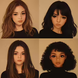 four different portraits of a woman with wavy hair
