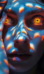 a woman with weird facial markings holding a blue glove