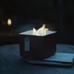 a black box filled with fire next to a phone