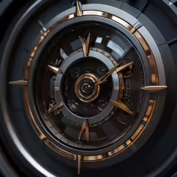 a clock with gold accents on it sitting inside of a mechanical wheel