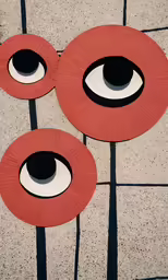 two red paper plates with black and white eyes on them