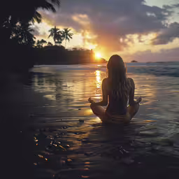 a person sitting in the water while looking at the sunset,a girl is sitting on the water and meditating at sunset