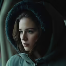 an up close picture of a person in a hoodie
