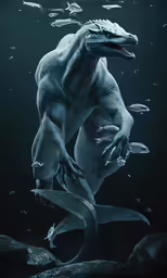 a large fish and a dinosaur in the water