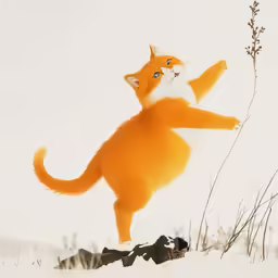 a cat with a big tail walking in the snow