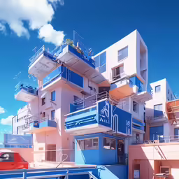 a building is covered in balconies and blue