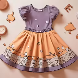 dress with a colorful design, surrounded by wooden buttons and other toys