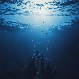 a person reaching for the sun underwater in deep water