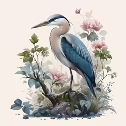 a bird is standing in a garden with roses and water lilies