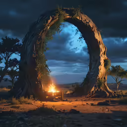 a bonfire lit up in a dark forest