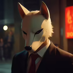an animated mask with white fur, in a suit