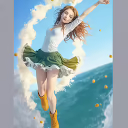 the painting of a woman jumping over a foamy blue wave