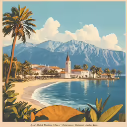 an old fashioned painting of a beach with palm trees