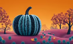 a blue and green pumpkin sits on a red hill