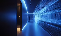 an empty room with blue lighting inside of it