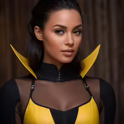 the woman is wearing a yellow and black outfit