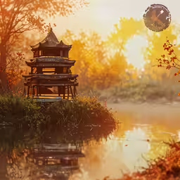a scene in autumn showing a pond and pagoda
