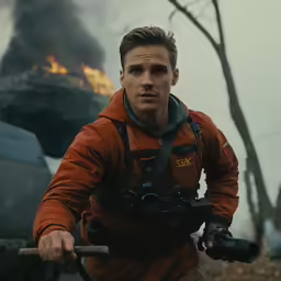 man in orange jacket holding a camera and burning vehicle in background