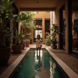 a girl sits on the edge of a swimming pool in a home
