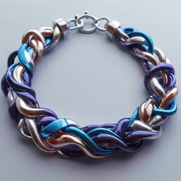 a silver and blue bracelet on top of a gray table