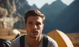the man is standing in front of some mountains