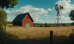 a windmill stands out against the blue sky