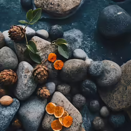 some pebbles and a few leaves on a bed of rocks